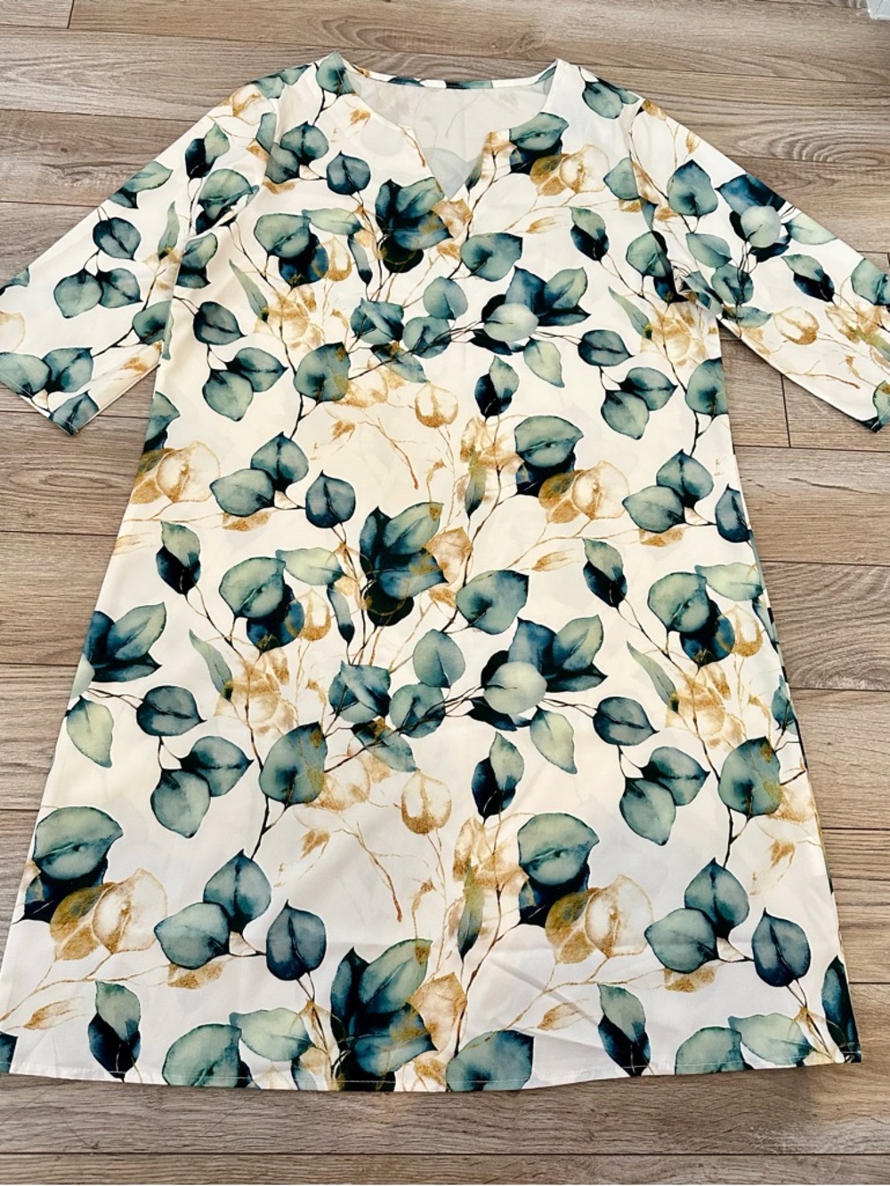 Cream Floral Shift Dress with Teal & Gold Leaves